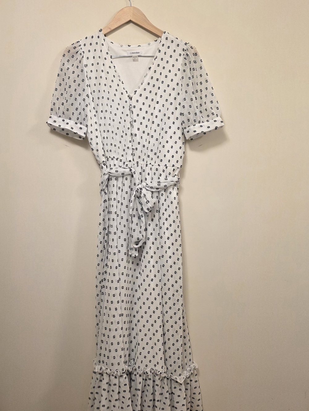 Calvin Klein White Maxi Dress with Navy Dot Print and Tie Waist